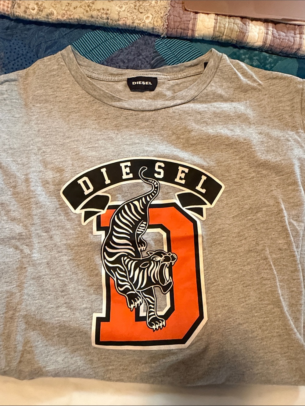 Diesel Gray Short-Sleeve Tee with Orange 'D' and Black Tiger Graphic - Picture 1 of 1